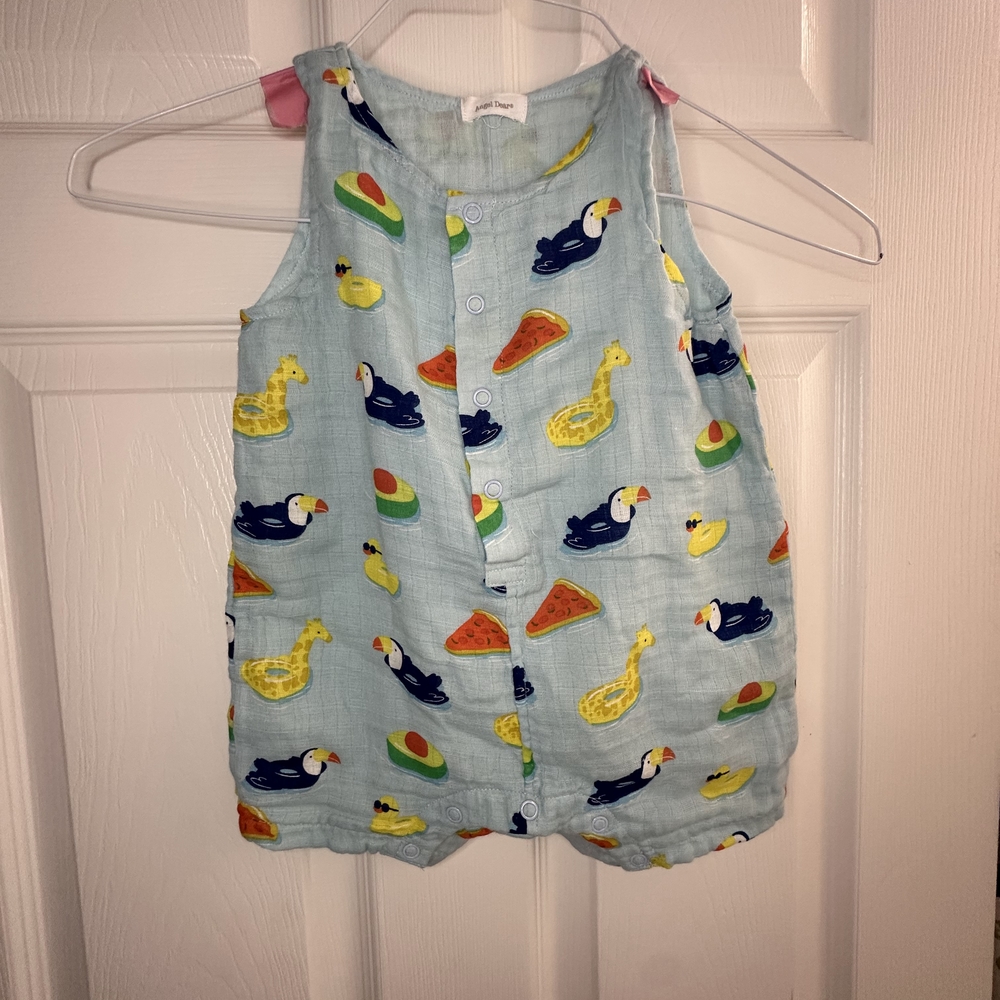 Angel Dear Blue Bodysuit with Colorful Animal and Fruit Print